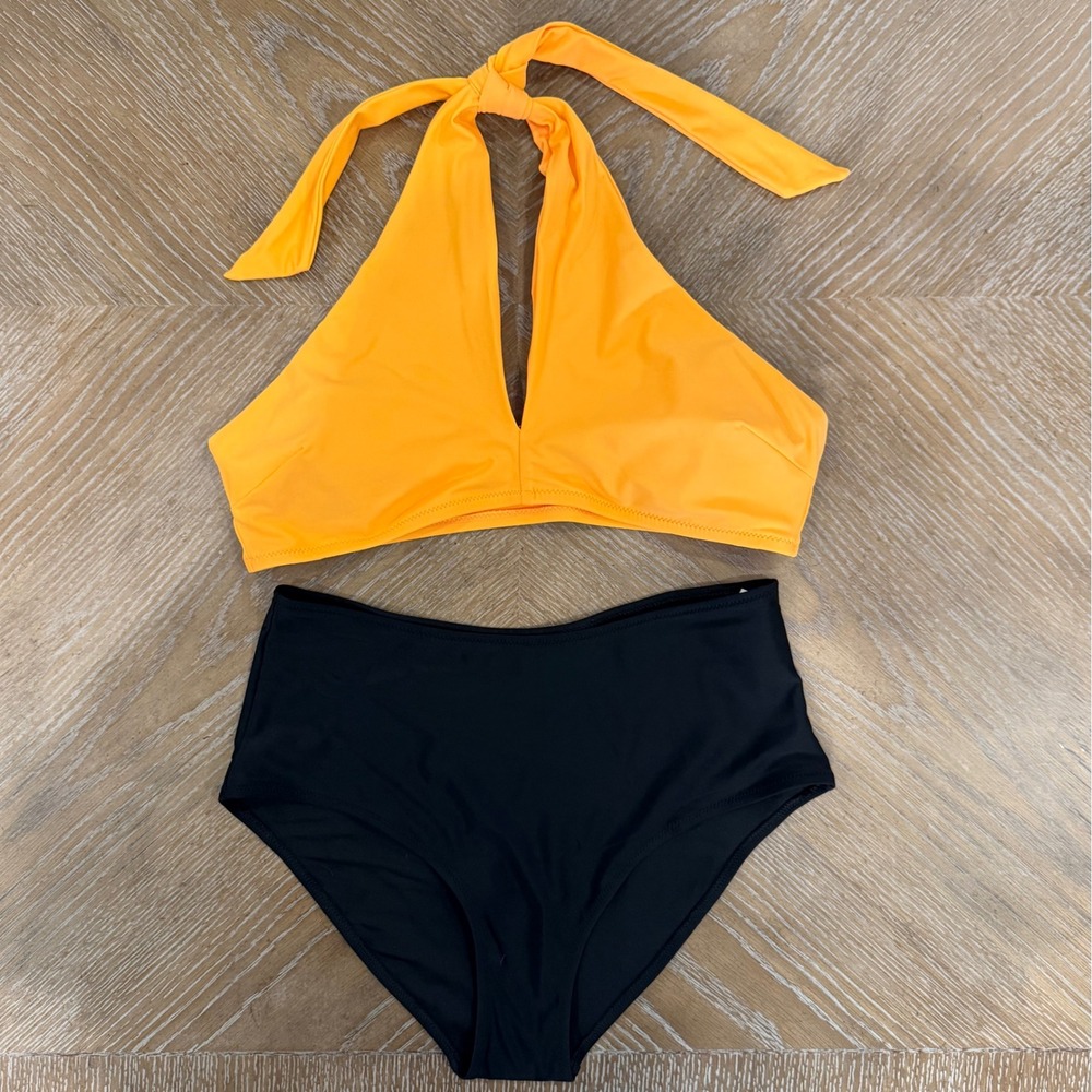 Aerie NWT Orange Halter Bikini Set High Waisted Bottoms Sz Large